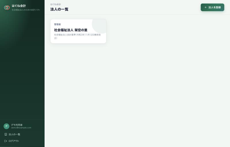 法人の一覧の画面